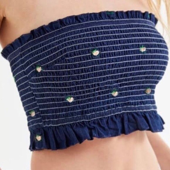 URBAN OUTFITTERS ROSIE RUFFLE TUBE TOP SIZE S DENIM BLUE PEACHES PEACH CROP - Picture 1 of 6